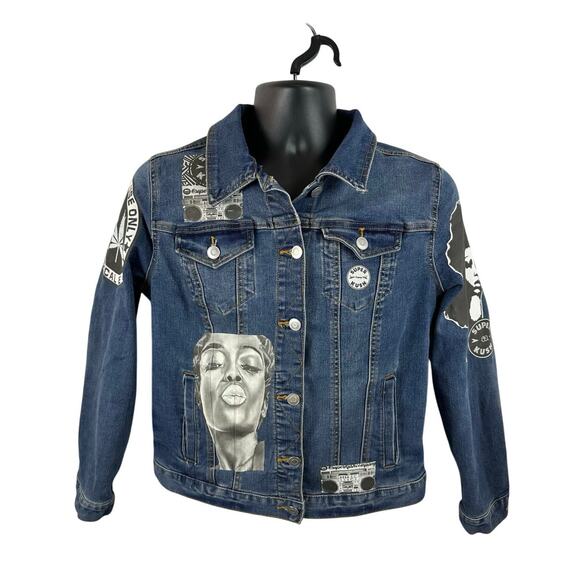 Super Kush Company Denim Trucker Jacket Med AOP Graphic Hippie Skater Streetwear - Picture 1 of 15